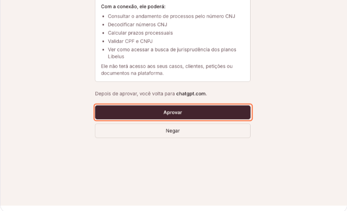 Tela de autorização da Libelus com a lista do que o ChatGPT poderá fazer, o aviso de que ele não terá acesso aos seus casos, clientes, petições ou documentos na plataforma, e o botão Aprovar destacado acima do botão Negar