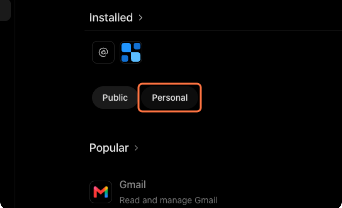 Seção Installed da página Plugins com duas abas, e a aba Personal destacada