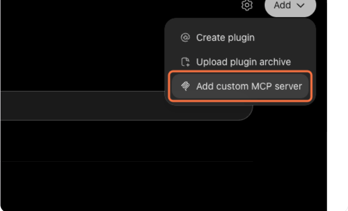 Menu do botão Add aberto, com três opções e a última delas, Add custom MCP server, destacada