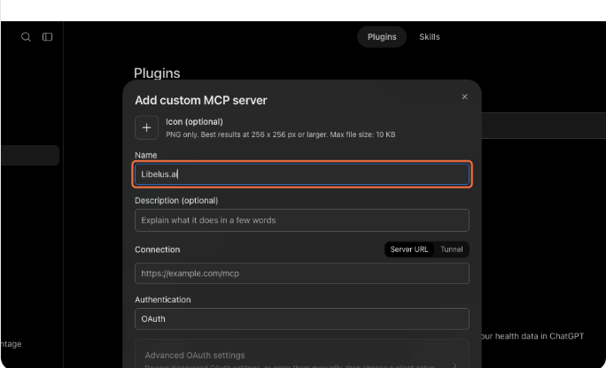 Janela Add custom MCP server com o campo Name preenchido com Libelus.ai e destacado