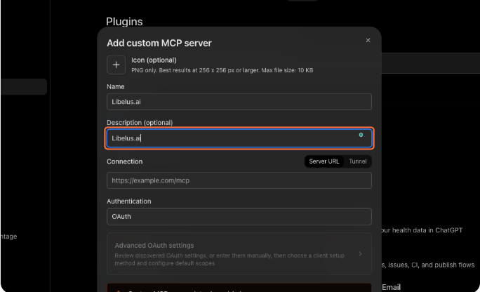 Janela Add custom MCP server com o campo Description (optional) preenchido com Libelus.ai e destacado