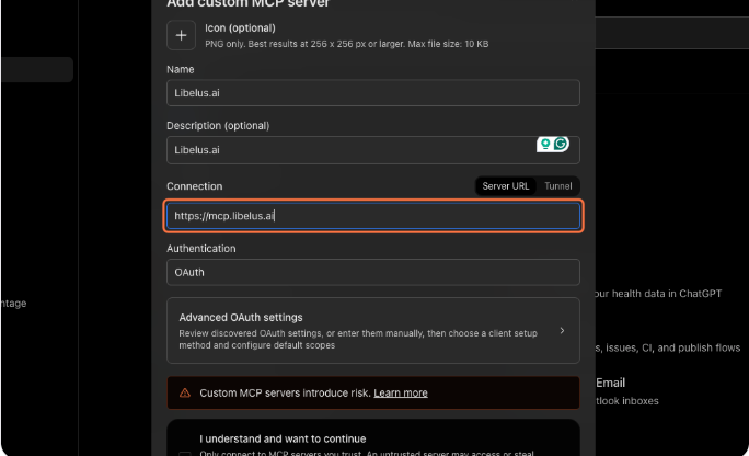 Janela Add custom MCP server com o campo Connection preenchido com https://mcp.libelus.ai e destacado, e o campo Authentication já em OAuth