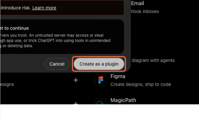 Rodapé da janela com o botão Create as a plugin destacado, ao lado do botão de cancelar