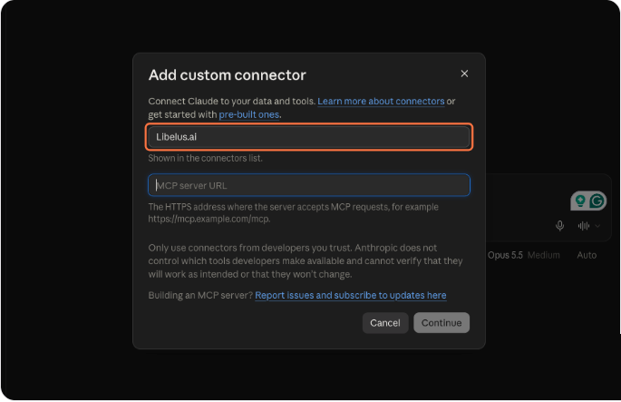 Janela Add custom connector com o campo de nome preenchido com Libelus.ai e o campo do endereço do servidor MCP ainda vazio