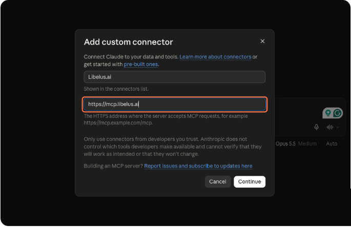 Janela Add custom connector com o nome Libelus.ai e o campo MCP server URL preenchido com https://mcp.libelus.ai