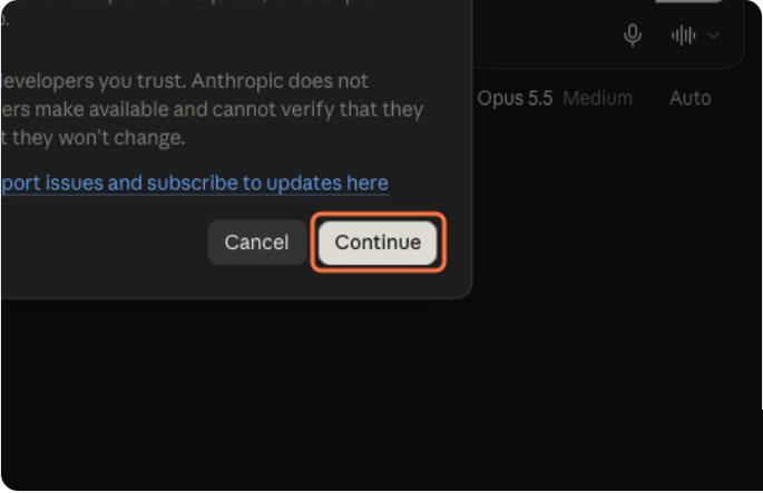 Rodapé da janela Add custom connector com o botão Continue destacado, ao lado do botão de cancelar
